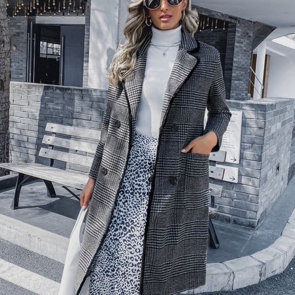 black button plaid trench fall pea coat jacket - Picture 2 of 7